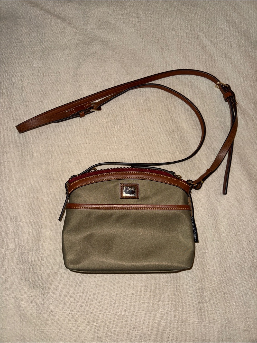 Dooney & Bourke Olive Nylon Crossbody with Brown Leather Trim and Red Zip